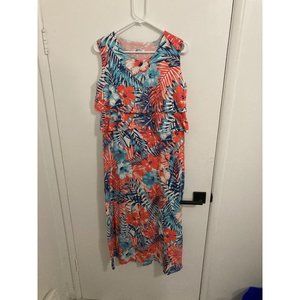 d & co. Women's Tiered Floral Maxi Dress, Blue/Coral, Small Petite